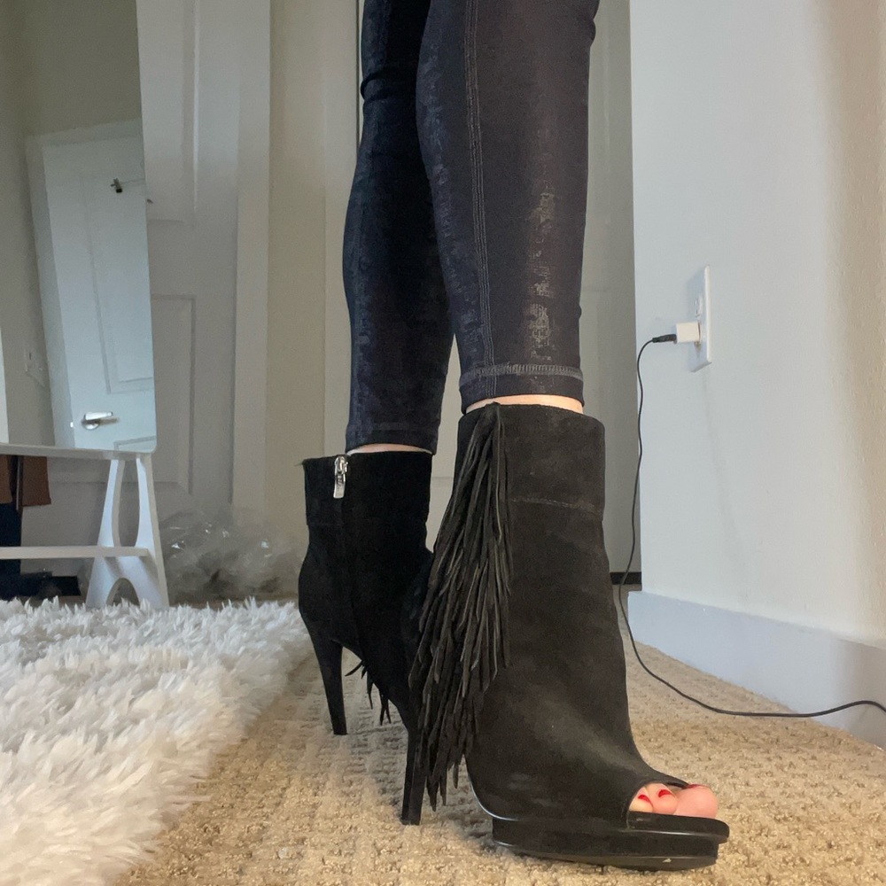 BCBG fringe stiletto ankle boots
